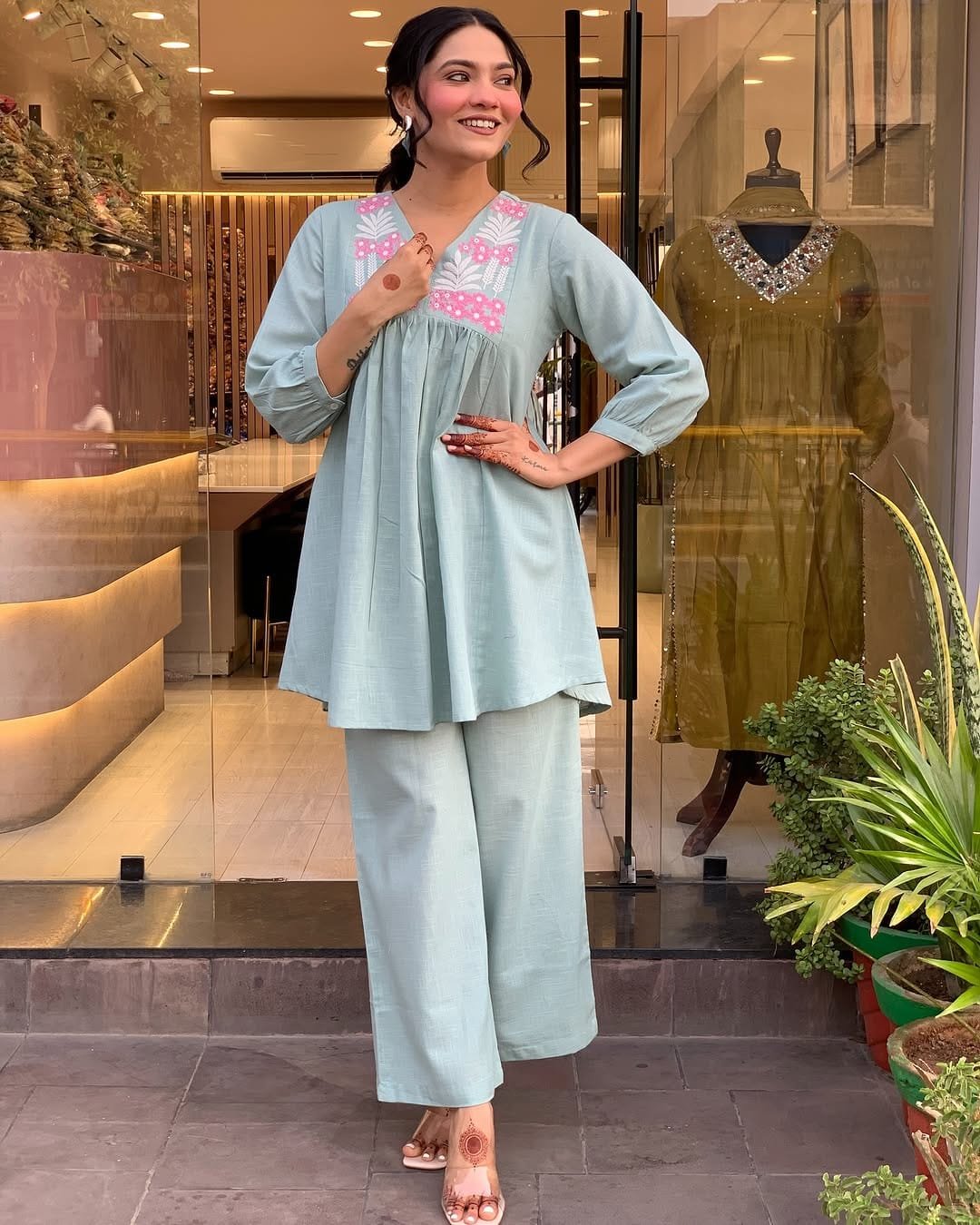 Sky Blue Pure Cotton Embroidered Co-Ord Set